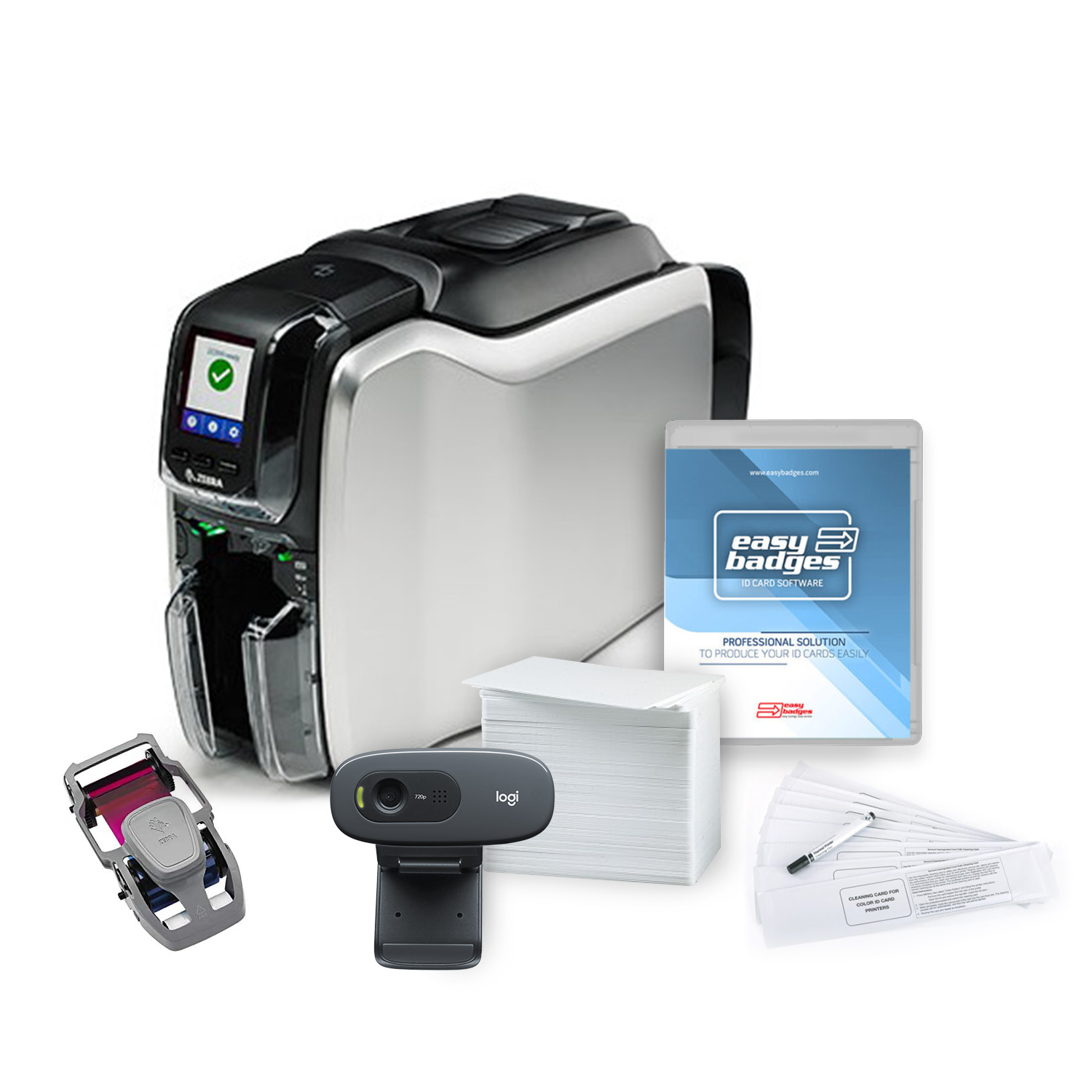 Cardholdir ID Solid 210 Badge Printer | with Beginner Software, HD Webcam,  200 Blank ID Cards, Slot Punch, 200 Strap Clips, & 1 Color Ribbon | Single